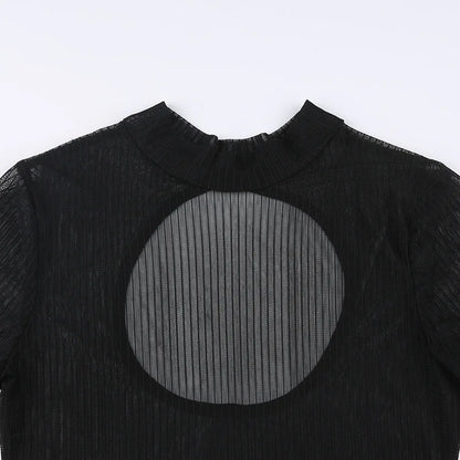 See Through Bodysuit Backless Hollow Out Transparent Club Jumpsuits Women Solid Black Tee Summer Elegant Sexy Streetwear