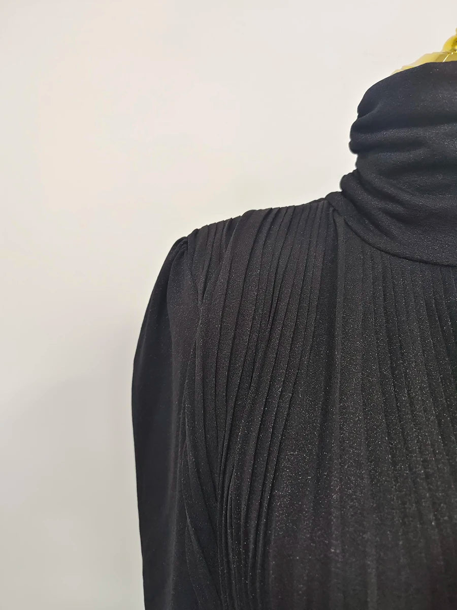 TWOTWINSTYLE Solid Spliced Belt Slimming Dresses For Women O Neck Long Sleeve High Waist Temperament Long Dress Female Clothes