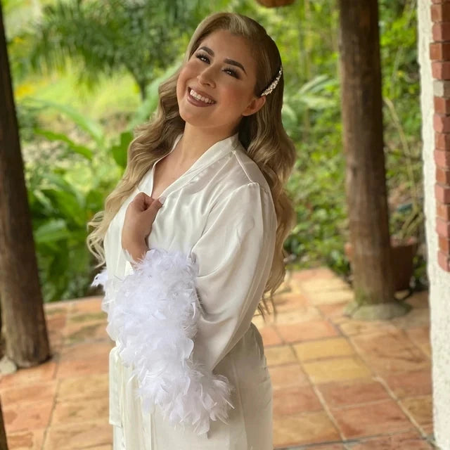 Bride Robe For Wedding Day With Feather Long Silk White Boudoir Kimono Boudoir Lingerie Satin Robes Bridal Lace Bridesmaid Gifts