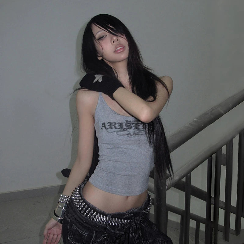 Karrcat Trashy 2000s Letter Print Tank Top Japanese Y2k Gray Camis Tops Grunge Aesthetics Sleeveless Crop Tops American Retro