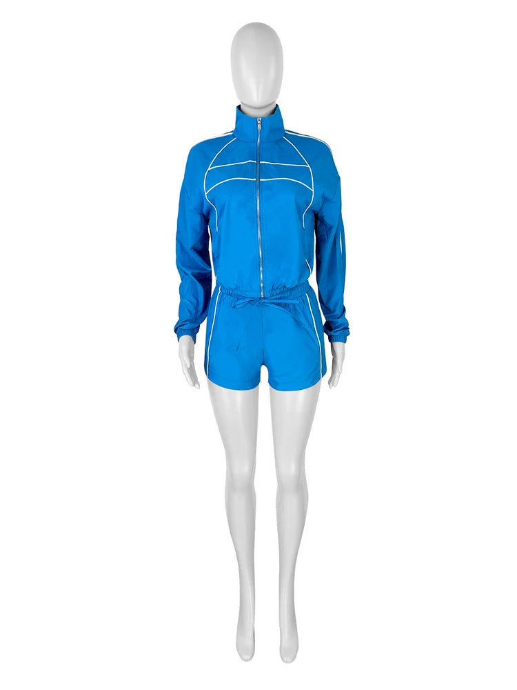 2025 Trendy Woman Clothes Sets Y2k Lounge Tracksuit Contrast Color Long Sleeve Zip Windbreaker Jacket Shorts 2 Piece Set Outfits