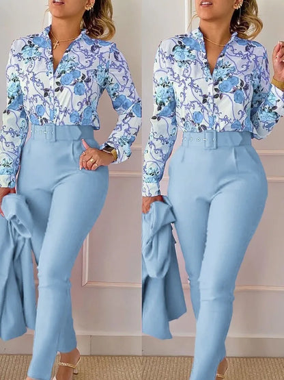 Autumn Winter Stand Neck Floral Print Long Sleeve Shirt Pants Two Piece Sets Elegant Women Casual Shirt Trousers Suits With Belt Light Blue CHINA