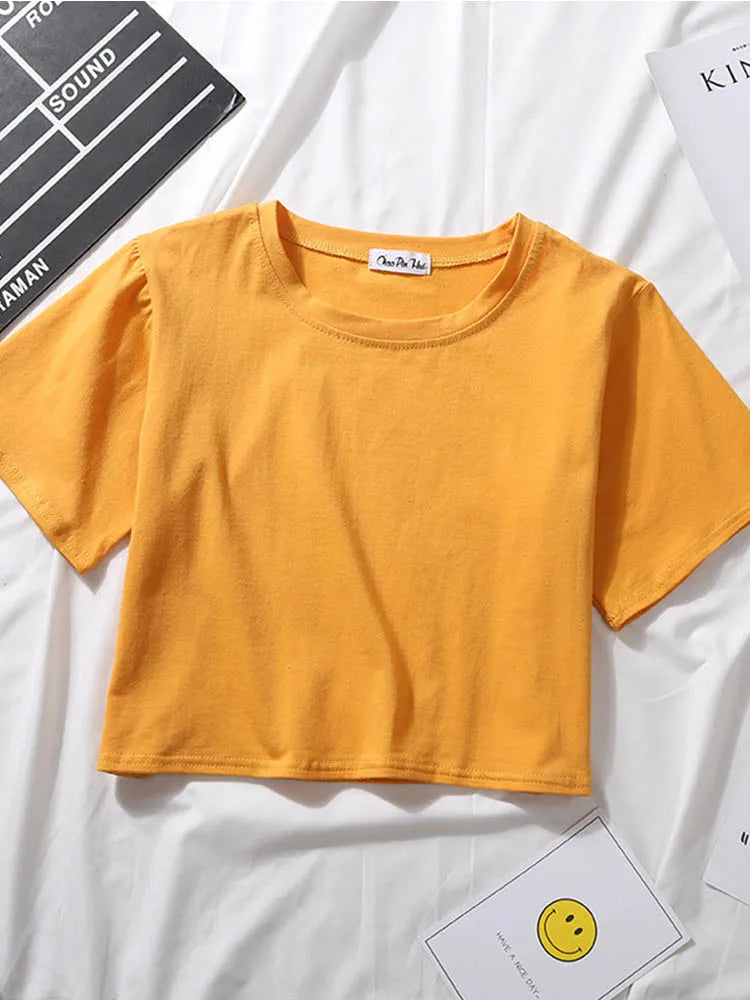 Summer Short Sleeve T Shirts Women Cotton Solid T-shirt O Neck High Waist Crop Top Tee Female Casual Loose T Shirt Badiee Stylez