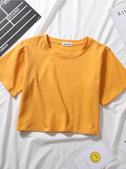 Summer Short Sleeve T Shirts Women Cotton Solid T-shirt O Neck High Waist Crop Top Tee Female Casual Loose T Shirt Badiee Stylez
