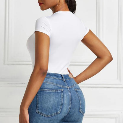 Sexy One Piece Bodycon Bodysuit Short Sleeve O Neck Open Basic White Black Red Overalls Women Body Top Skinny Rompers Female