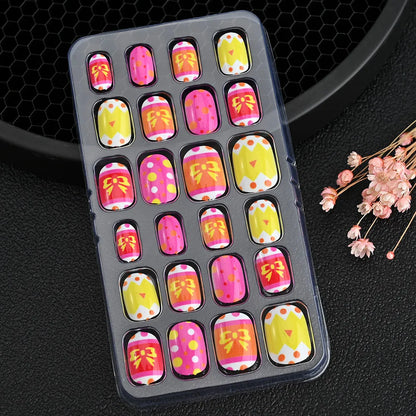 24Pcs Children Cartoon Nail Tips Colorful Cute Rabbit Pink Stars 6-14 Years old Girl Fake Nail With Jelly Glue Kids False Nail TD060-24
