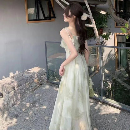 Women's Tie-Dye Floral Sleeveless Halter Dress Summer Waist Slim Long Dress Ruffle Leaf Hem Halter Tenderness Dresses