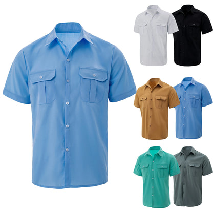 Men's Summer Lapel Solid Short Sleeve Shirt with Two Pockets Casual Button Comfort Cardigan