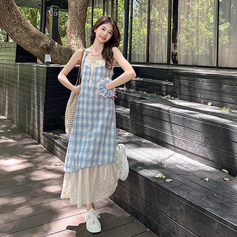 Women Plaid Fake Two Piece Suspender Dress Women Summer Retro Loose Long Lace Patchwork Plaid Sleeveless Dress for Women 2025