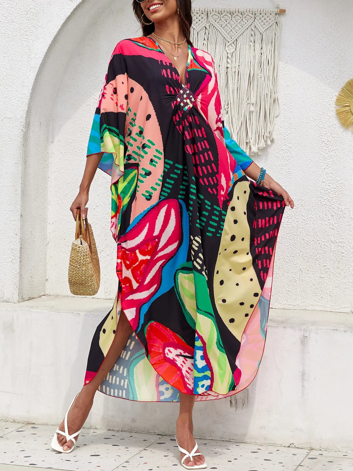 Plus Size Women Floral Print Kaftan Dresses Plus Size Swimsuit Coverup Summer Bathing Suit Caftan Loungewear Beach Dress