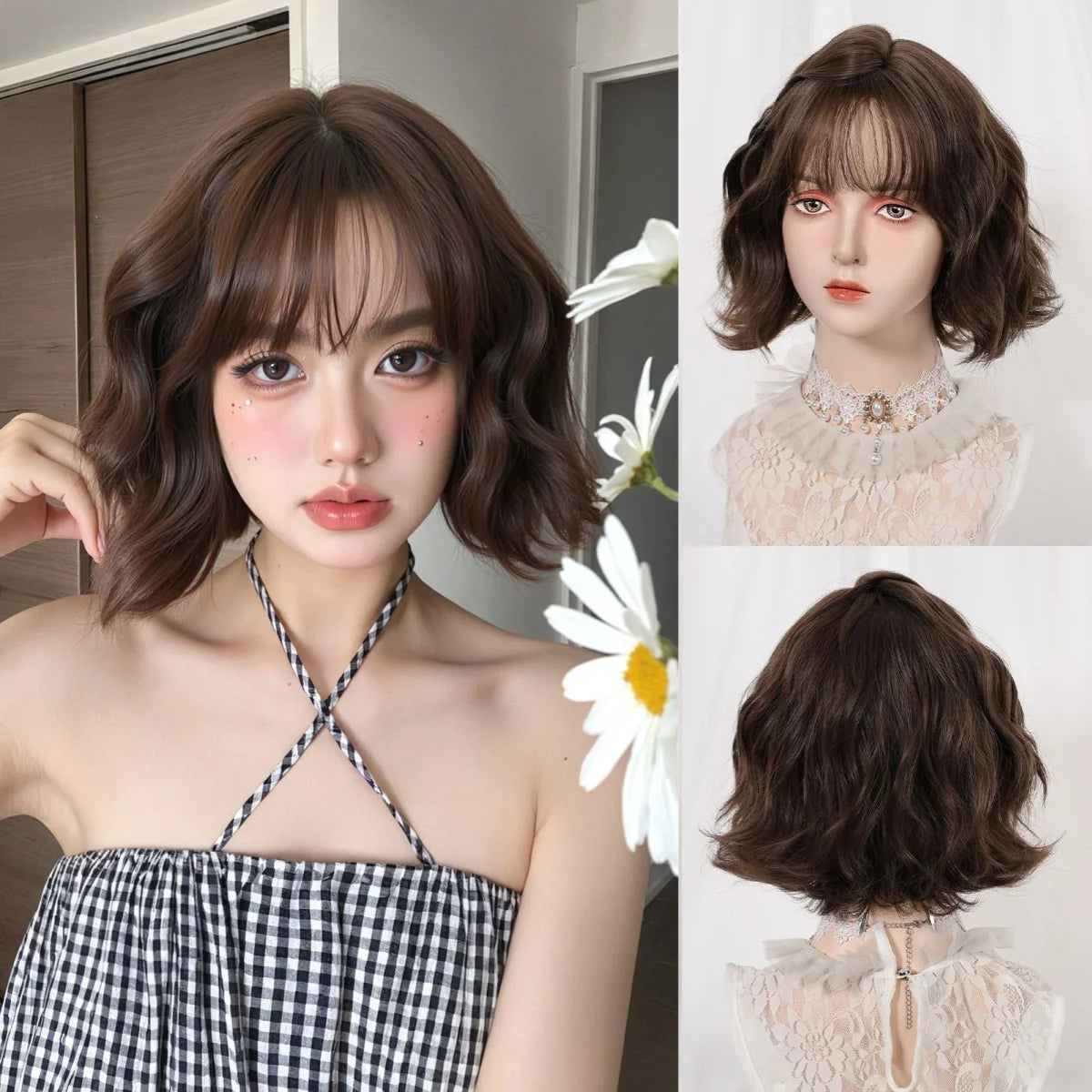 Allbell Magique Short Wavy Wig Bob Curly Wig With Bangs Dirty Orange Lolita Wigs Natural Synthetic Wig For Woman Heat Resistant SWLC1238-2BR10 CHINA