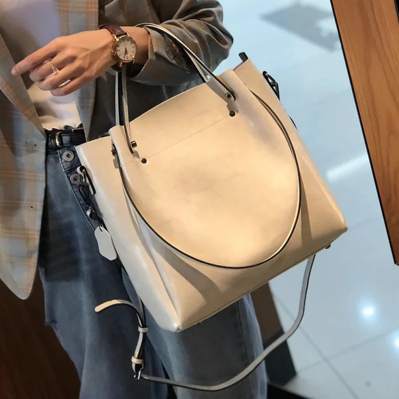 Burminsa Retro Cowhide Genuine Leather Handbags For Women 2025 Luxury Designer Work Tote Shopping Ladies Shoulder Crossbody Bags Beige