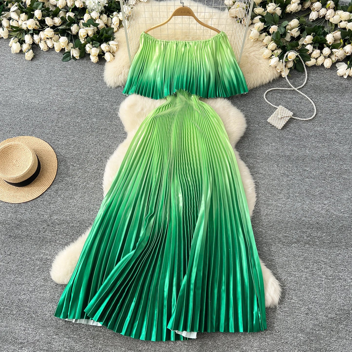 SINGREINY 2025 Gradient Party Long Dress Female Off Shoulder Elastic Waist A Line Sundress Vacation Luxury Pleated Maxi Dresses