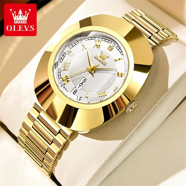 OLEVS Golden Quartz Watch for Women Fashion Elegant Tungsten Steel Case Waterproof Wristwatches Luxury Original Ladies Watch New Gold White-JB