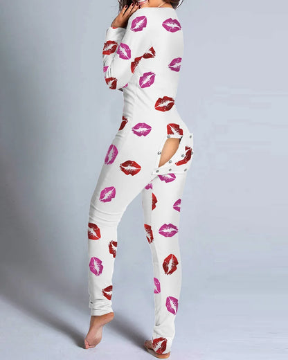 Sexy Pyjama Women's Jumpsuit Suit Button-down Front Back Butt Bum open Ass Flap Jumpsuit Loungewear Christmas Print Buttoned lip