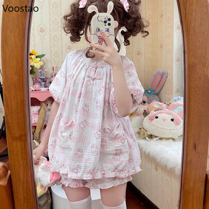 Kawaii Lolita Style Bunny Print Pajamas Set Girly Cute Short Sleeve Tops Shorts Suit Women Casual Princess Homewear Pijama Mujer