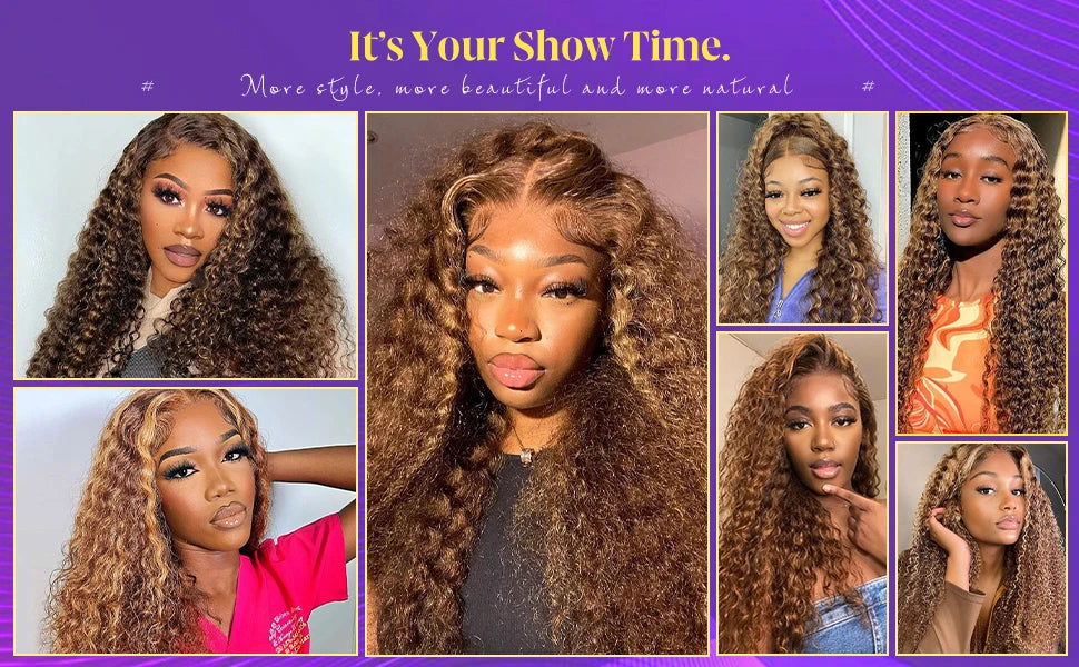 13x6 Highlight Wig Human Hair Deep Wave 40 Inch HD Lace Front Human Hair Wig 200 Density 4/27 Ombre Brown Blonde Lace Front Wigs