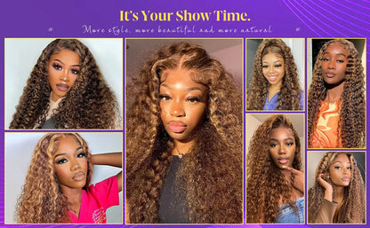13x6 Highlight Wig Human Hair Deep Wave 40 Inch HD Lace Front Human Hair Wig 200 Density 4/27 Ombre Brown Blonde Lace Front Wigs
