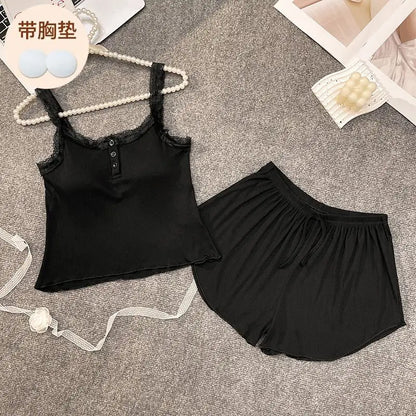 Casual Women Pajamas Summer Sleepwear Spaghetti Strap Shorts Sets 2 Pieces Night Wears O-neck Korean Sleeping Solid Home Suit black