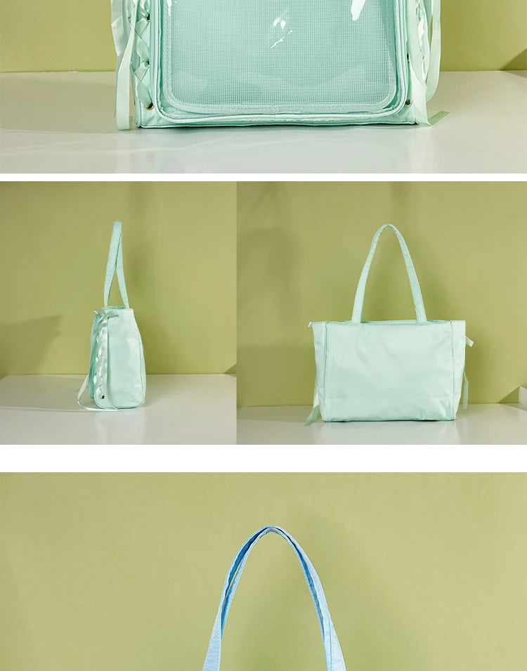 Japanese Large Capacity Satin Ribbon Ita Bag Sweet Girl Anime Transparent Tote Bag Lolita Shoulder Bags Clear Pvc Handbags