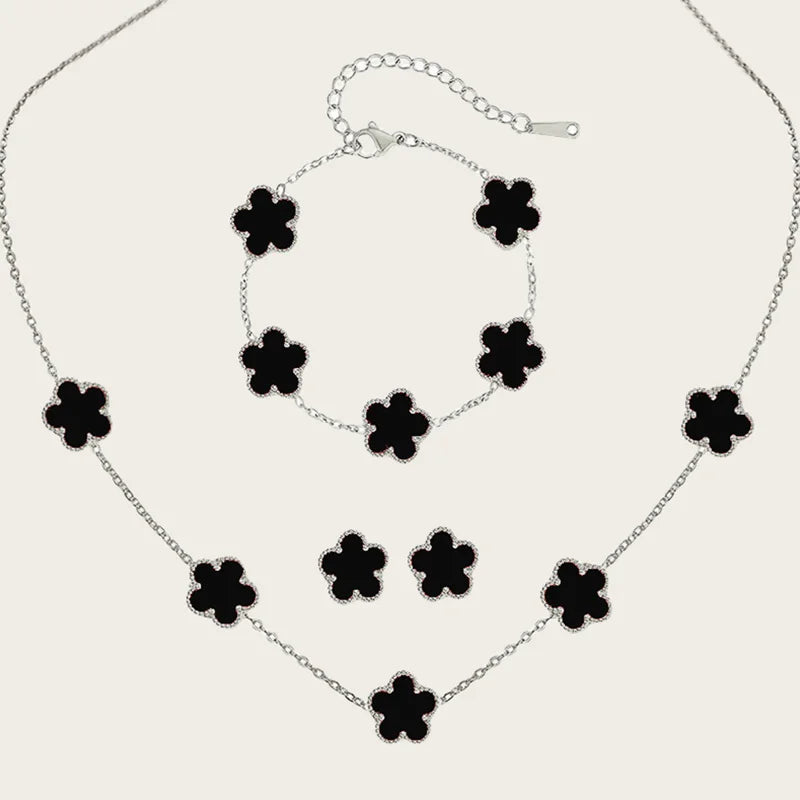Stainless Steel Sets Earrings Necklace Bracelet Christmas Birthday Gifts Gold Plated Women's Double Sided Flower Elegant Fashion black-silver