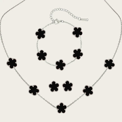 Stainless Steel Sets Earrings Necklace Bracelet Christmas Birthday Gifts Gold Plated Women's Double Sided Flower Elegant Fashion black-silver