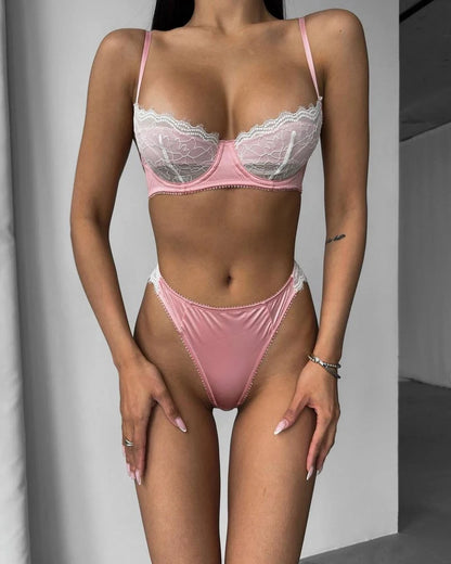 French Satin Lace Bra And Thong Set Sexy Ultrathint Lace Patchwork Lingerie Two Picec Sets Fancy Erotic Intimate Underwear Suit Pink