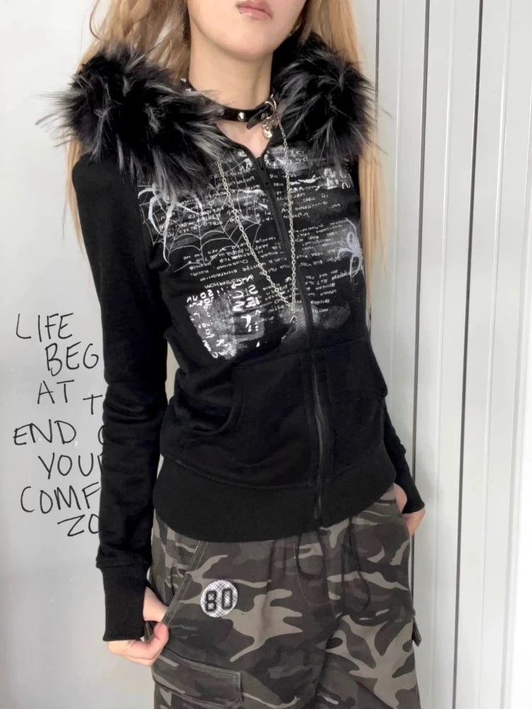 Y2k Fur Patchwork Grunge Hoodies Women Streetwear Vintage Harajuku Gothic Print Hooded Sweatshirt Coat Aesthetic Slim Jacket