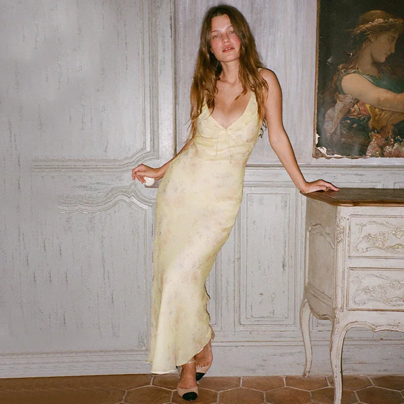 Women's Floral Cami Dress Slim Tie Bow Deep V Neck Backless Ruffle Spaghetti Strap Long Bodycon Dress for Party Club