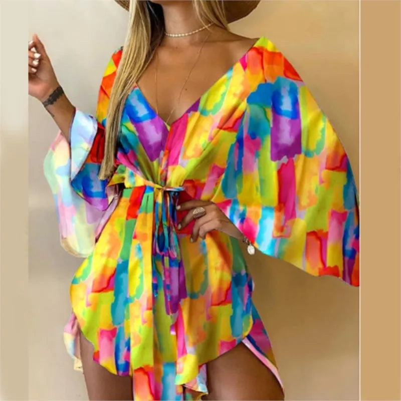 Sexy Women Mini Dress Floral Print V Neck 3/4 Bat Sleeve Lace Up Irregular Hem Casual Loose Beach Cover Up Dress Vestido Mujer