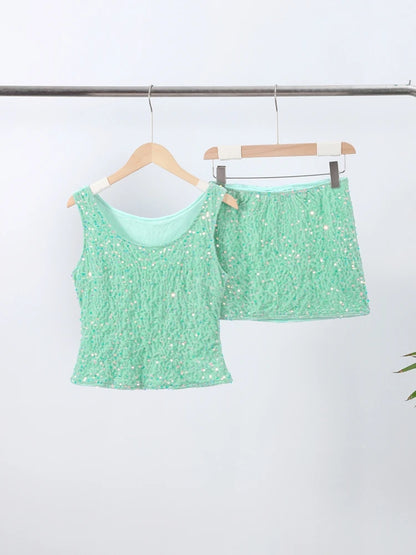 O-neck Vest Mini Skirt Suits Women Sexy sparkly Sequined Sleeveless Tank Tops With Bodycon Short Skirts Fashion Ladies Beachwear