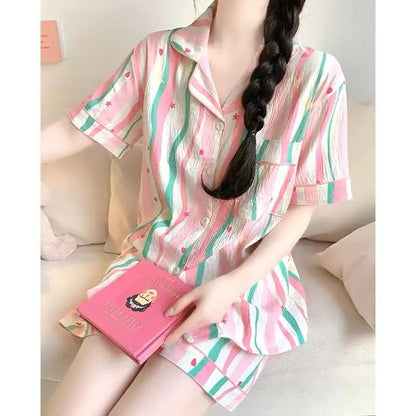 Cute Girl's Summer Cotton Linen ort Sve Nightgown Home Clothes Set Bear Print Gauze Spwear Simple Home Sle Cloud cotton open short-striped rainbow