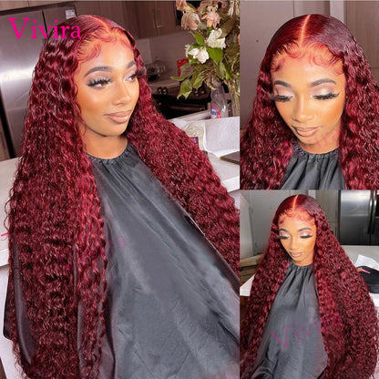 30 36Inch 99J Burgundy 13x6 Hd Lace Frontal Human Hair for women Red Colored 13x4 Transparent Lace Curly deep wave frontal wig Badiee Stylez