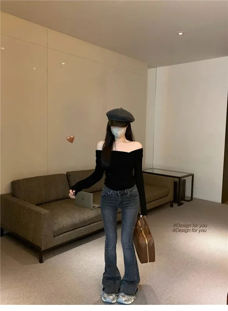 Elegant Off-Shoulder Long Sleeve Knitted Top For Women 2023 Autumn Slimming Smooth Base Layer T-Shirt Polyester Fiber Full Sleev
