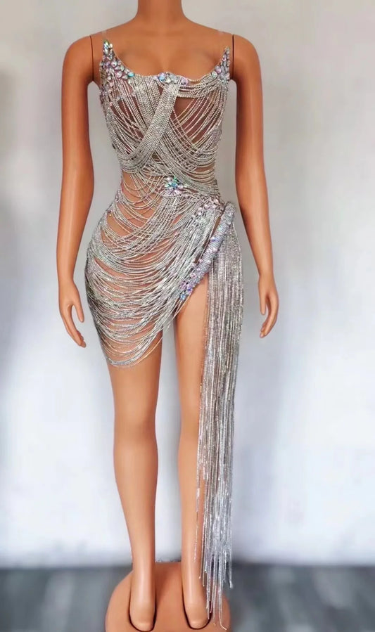 STOCK Sparkly Rhinestone Fringe Dress Women Sexy Birthday Wedding Party Prom Drag Queen Costume Outfit Stage Wear Festival Silver