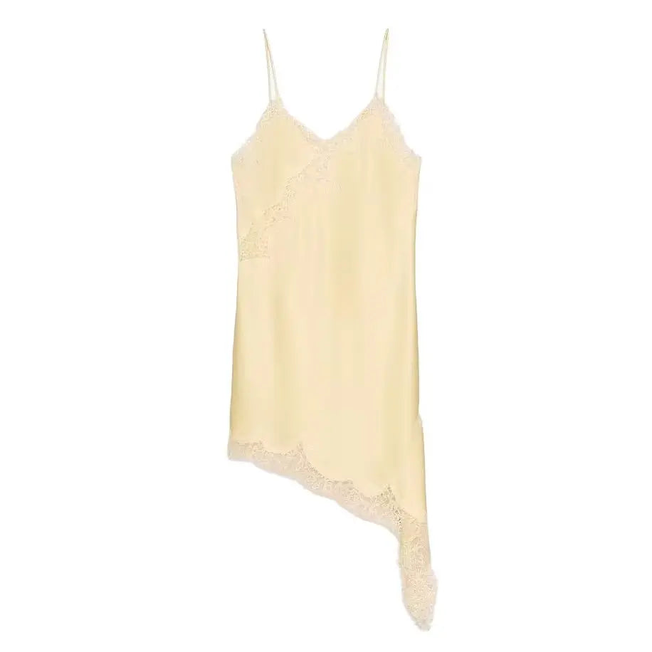 Satin Sexy Lace Spliced Short Sling Dress Women Sleeveless Backless Asymmetric Sexy Party Dresses 2025 Summer Lady Dress ﻿ Badiee Stylez