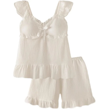 Two-piece Summer Solid Color Suspender Suit Pajamas for Women Sweet with Chest Pad Pajamas Vests Home Clothes 여자 잠옷