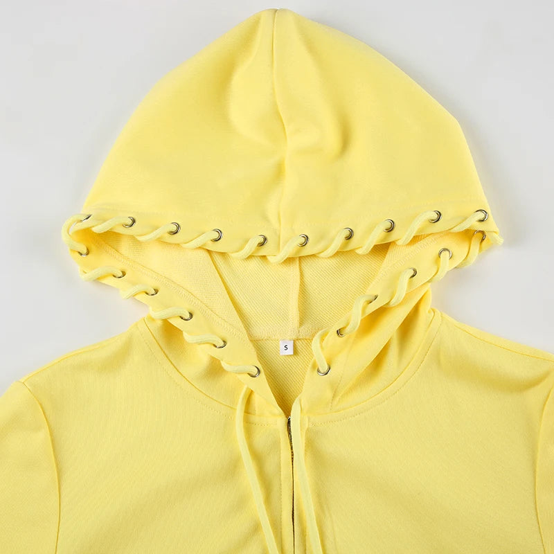 BIIKPIIK Drawstring Hooded Hoodie Suits Autumn Winter Solid Zipper Women Casual Pants Set Street Sporty Sweatshirt Two Piece Set