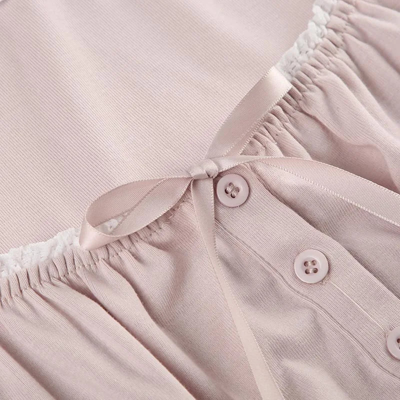 Sweet Button-up Top Women's Summer Cute Slim-fitting Contrast Lace Stitching Bow Square Collar T-shirts Y2K Korean Tees