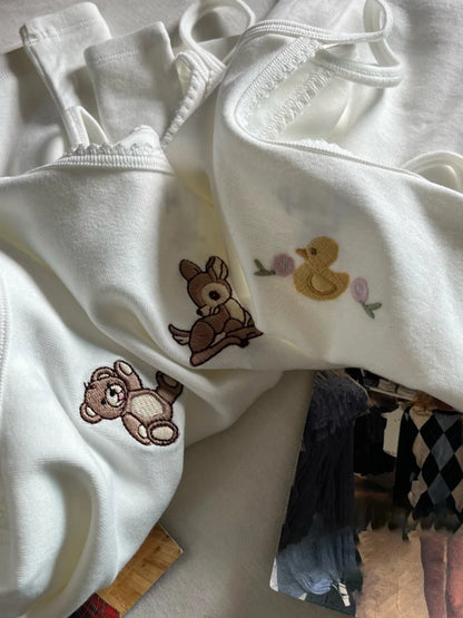 Cute Animal Embroidery Tank Tops Women Summer Lace Trim Cotton Sleeveless Camisole Vests Solid Vintage Sweet Slim Crop Top Y2k