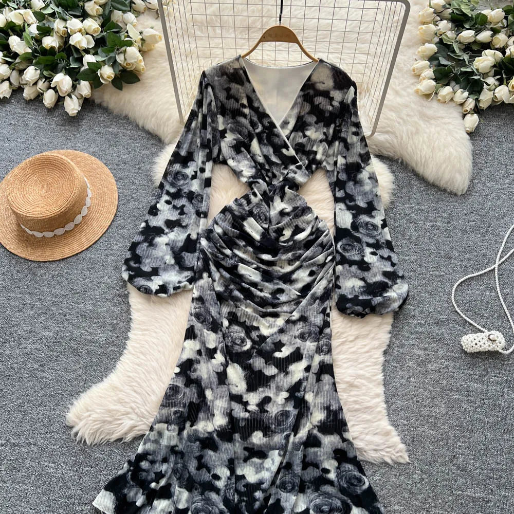 Chic vintage long sleeve Criss-Cross print pleated Elegant Fairy korean fashion dress women clothing Long dress