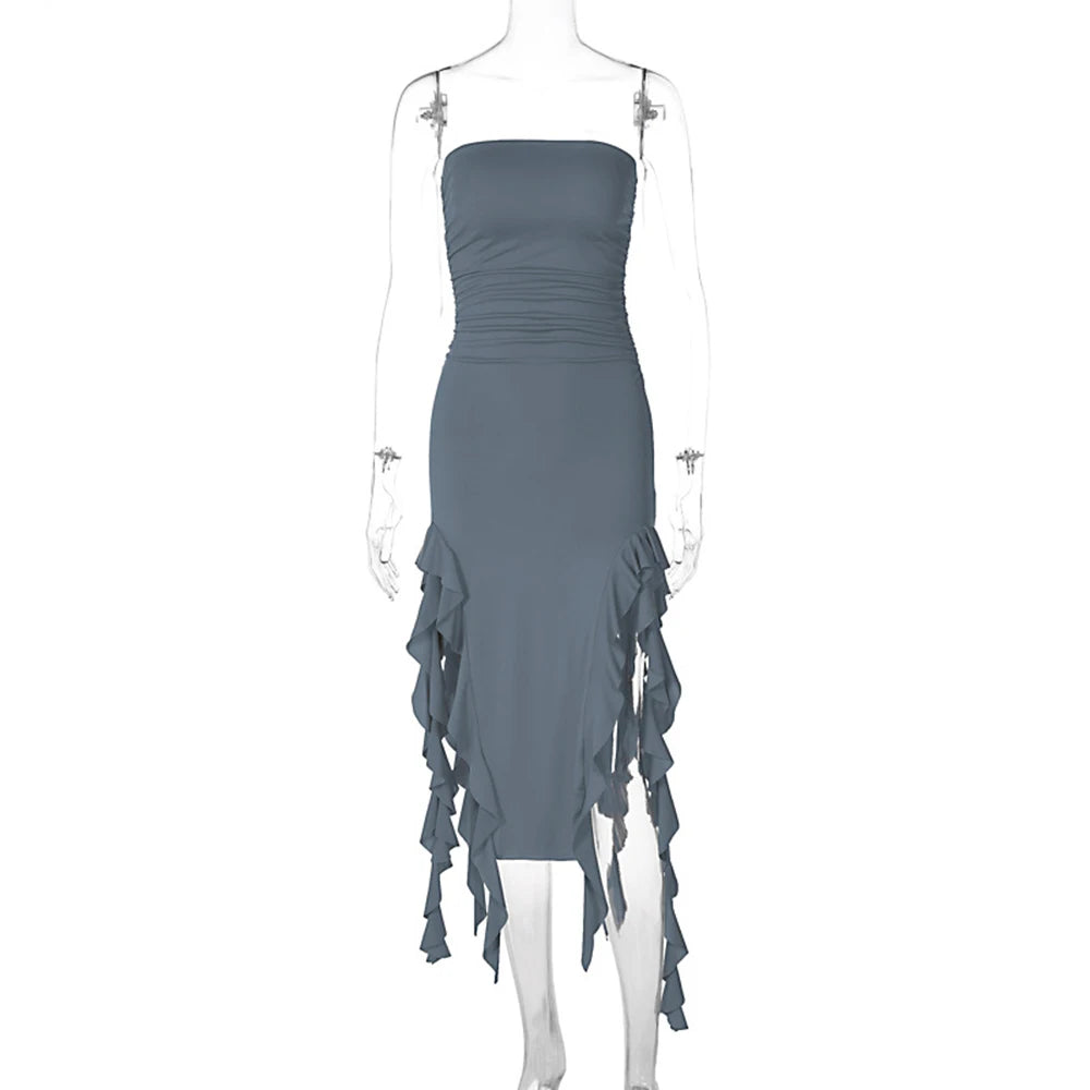 WonMiracle Elegant Strapless Dress Women Irregular Tassel 2024 Summer Trend Skinny Split Maxi Bodycon Party Dress For Women