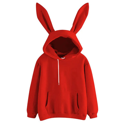2025 autumn and winter new women's clothing Harajuku Wei hooded rabbit hoodie solid color loose casual women's top women's coat Red
