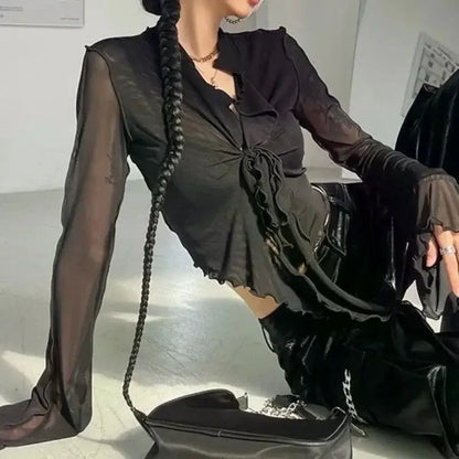 Long Flare Sleeve Sexy Sweet Hot Girls Korean Blouses for Women Lace-up Mesh Fashion Style All-match Solid Design Elegant Casual