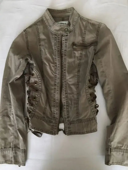 Streetwear Y2K Bomber Jacket Women Harajuku Stand Collar Zipper Jacket Gothic Army Green Motorcycle Jacket Slim Fit Denim Coat