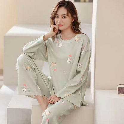 Women's Pajamas Two-Piece Casual Cute Comfortable Sleepwear Homewear Set Tops and Trousers Nightwear Lounge Wear Autumn Winter 9043Happy