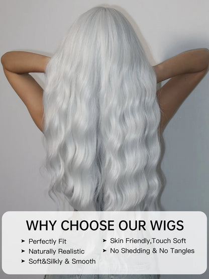 Super Long Curly Silver Synthetic Wig with Fluffy Bangs White Water Wave Hair Wigs for Women Daily Use Cosplay Colored Hair Wig