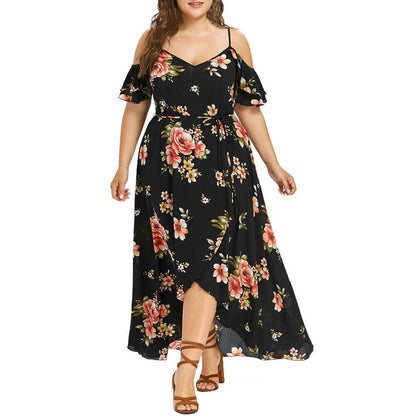New Casual Fashion Printed Dress for Women Summer Flower Print Plus Size Dress Loose Fit Female Sling Dresses black