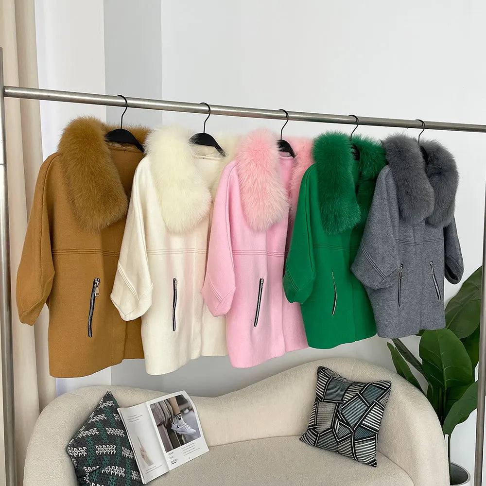 FURYOURSELF 2025 New Real Fox Raccoon Fur Collar Coat Knitted Sweater Women Short Sleeve Jacket Thick Warm Outerwear streetwear