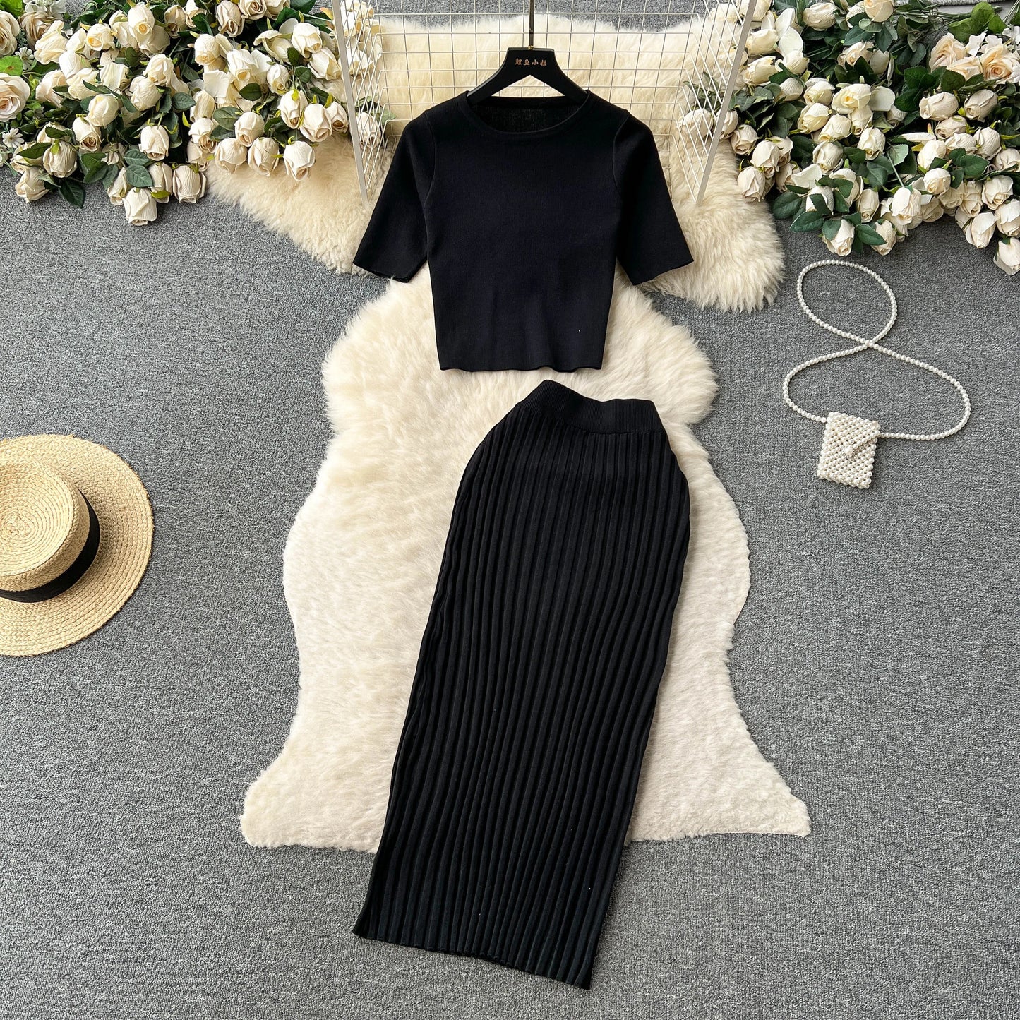 SINGREINY Casual Two Piece Sets Women Summer O Neck Top Elastic Waist Long Skirt Fashion Office Lady Korean Knit Suit